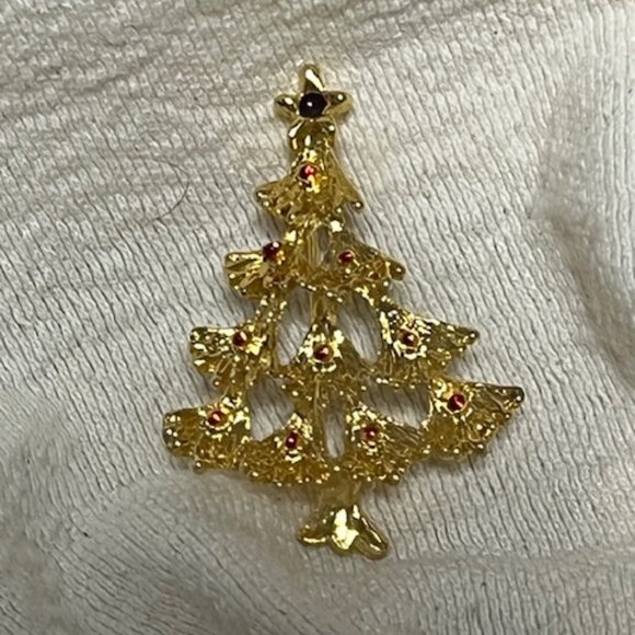 VTG Gold Tone Christmas Tree Red Painted Ornaments Holiday Festive Brooch Pin 2" - Picture 3 of 14